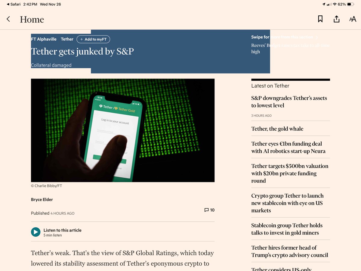 CliffordAsness's tweet image. The article is bad enough for Tether. But the Tether guy’s response at the end is pure Saylor-esque messianic utopian paranoid propaganda without actual semantic content.

And nobody mentions that all those “other” assets don’t really work under the “GENIUS” act do they?