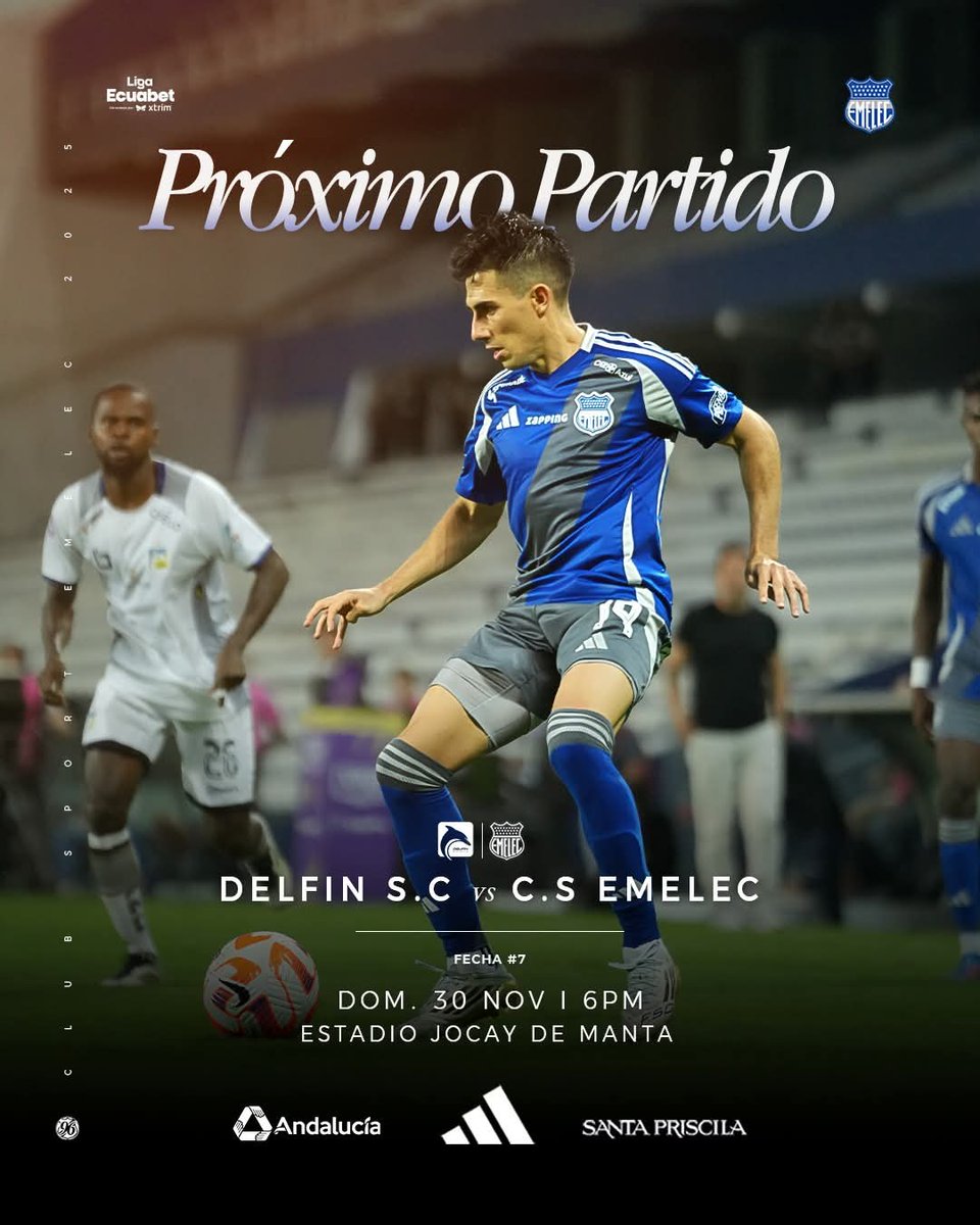 CSEmelec's tweet image. 𝔉𝔲𝔢𝔯𝔞 𝔡𝔢 𝔠𝔞𝔰𝔞, 𝔭𝔢𝔯𝔬 𝔧𝔞𝔪𝔞́𝔰 𝔰𝔬𝔩𝔬𝔰. ⚡💙

🏆 #LigaEcuabet
🆚 Delfín S.C.
📅 Domingo, 30 de noviembre de 2025
⏰ 6:00 PM
📍 Estadio Jocay de Manta

#DaleEmelec ⚡🔵
#ligaecuabet 
#emelec
