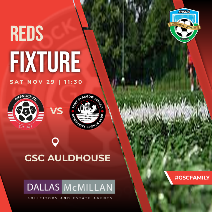 GiffnockSC2010's tweet image. 🔴⚫ Reds Fixture Alert 🔴⚫

⚽ Giffnock SC Reds vs Port Glasgow Juniors

🌐 @PortJuniorscsc
🏆 @ERSDALeague Division 1
📅 Sat 29 Nov 2025
⏰ 11:30
📌 GSC Auldhouse

#gscfamily #HereWeGo