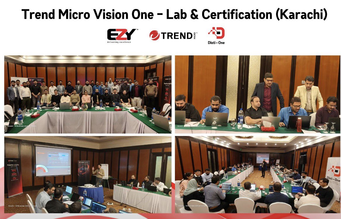 ezygroupco's tweet photo. On November 18th, 2025, Disti-One (Pvt.) Ltd. and the Trend Micro Team successfully conducted a Technical Hands-On Lab &amp; Certification Session on Trend Micro Vision One: Cyber Risk Exposure Management at Mövenpick Hotel, Karachi. https://t.co/3FfWVY7XND