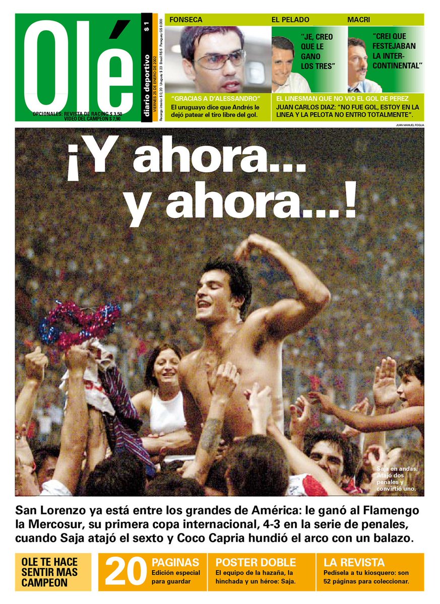 Tapa Olé, San Lorenzo campeón Copa Mercosur 2001.
