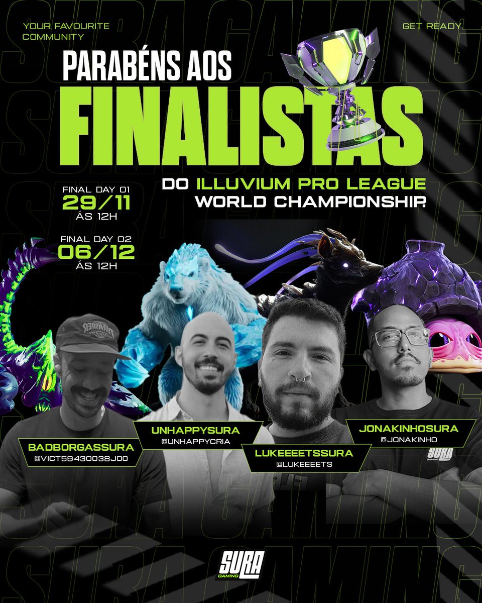 🔥 A SURA FEZ HISTÓRIA MAIS UMA VEZ 🔥
Hoje é dia de levantar o troféu antes mesmo da final, porque nossos monstros chegaram lá.

💚 Parabéns aos nossos 4 finalistas da <a href="/illuviumio/">Illuvium</a> Pro League World Championship: <a href="/Vict59430038Joo/">BORGHETTI777 / BadBorgasSURA</a>, <a href="/unhappycria/">Unhappy</a>, <a href="/Lukeeeets/">Lukeeeets 👻</a>  e <a href="/Jonakinho/">Jonakinho 🎅🏾 SURA</a> 

Vocês são