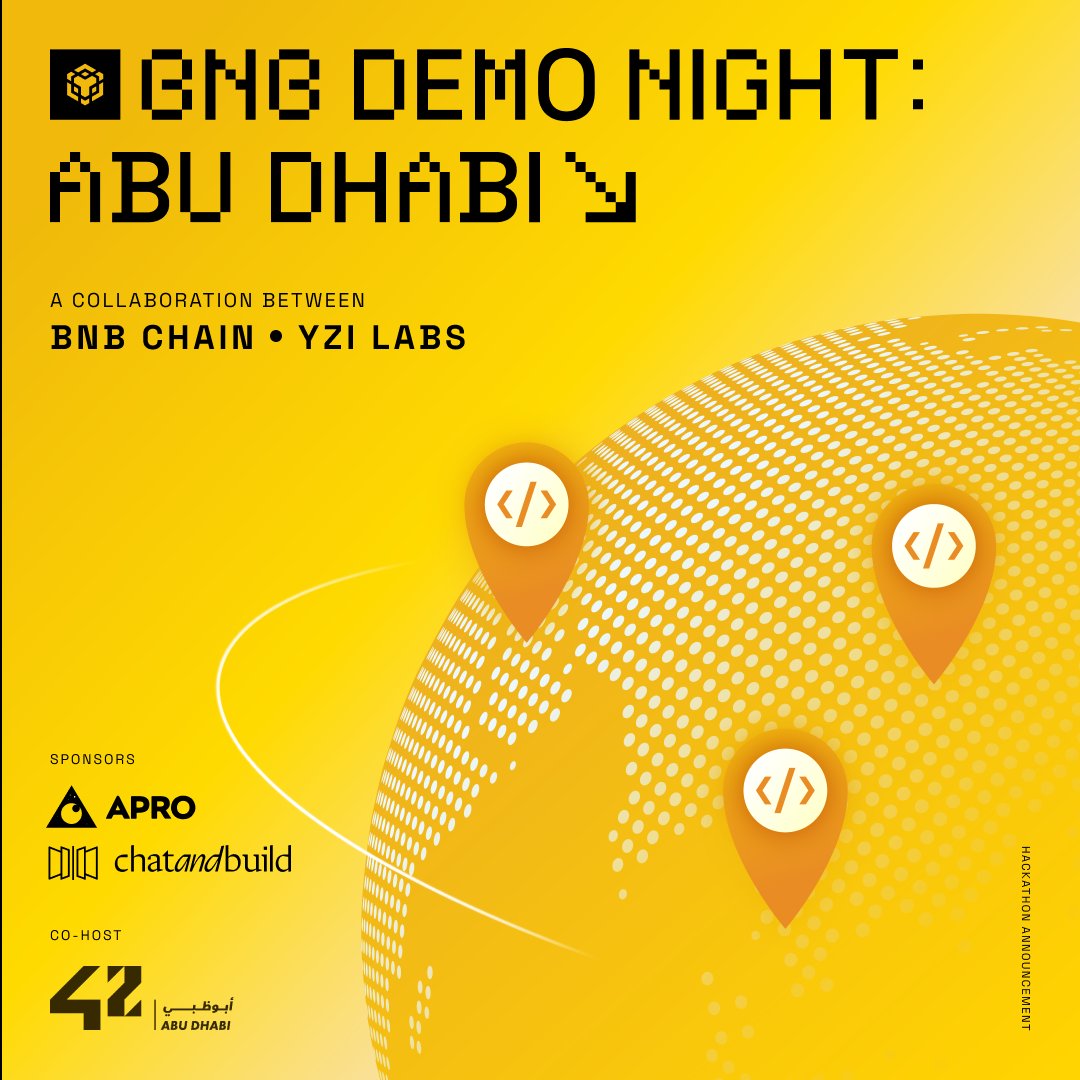 BNBCHAIN's tweet photo. Demo Night returns on Dec 6 in Abu Dhabi 🇦🇪

A very special guest will be joining our VC panel, and projects can apply to demo for a chance at EASY Residency and MVB fast track.

Apply below or come watch 👇
https://t.co/8wmNfY7VDn https://t.co/ZA5ukIrKV9
