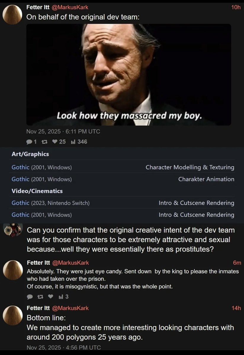 Original Gothic Character Modeler &amp; Texturer reacts to Gothic Remake Censorship: 

"On behalf of the original dev team: Look how they massacred my boy."