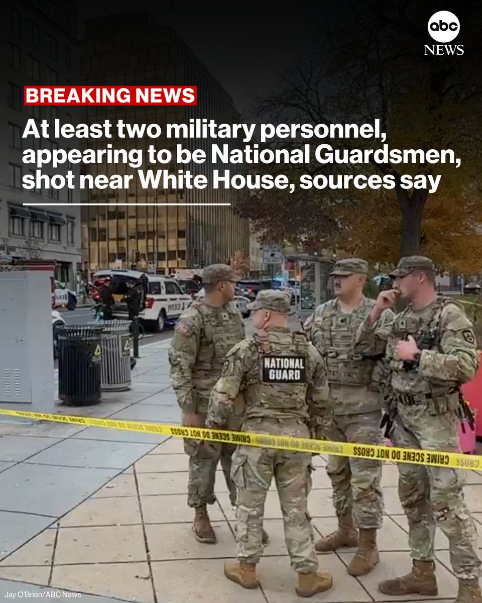 ABC's tweet image. BREAKING: Two uniformed military personnel, appearing to be U.S. National Guardsmen, have been shot in downtown Washington, D.C., sources said.

Read more: abcnews.link/3FsGGj0