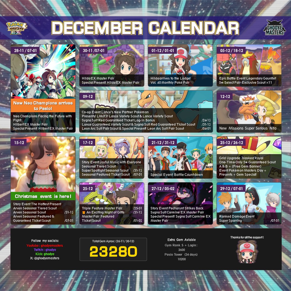 GhodyeMasters's tweet image. 🇪🇸 CALENDARIO de DICIEMBRE 🇬🇧 DECEMBER CALENDAR  

Nota: NO Incluye las joyas del Gym en rango S y login. / Gym Rank and Login are not included!  🤓  

❤️ No olvides compartir y dejar un like 🔁 #ポケマスEX #PokemonMastersEX