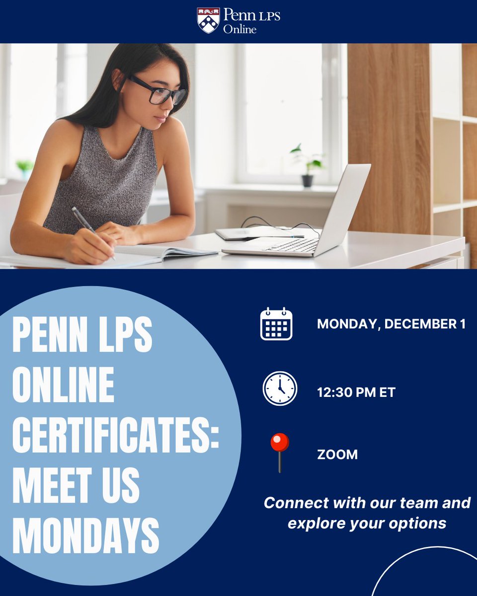 Connect with the Penn LPS Online team to learn more about our certificate options, application process, and more during a "Meet Us Mondays" session.

📅 Monday, Dec 1
🕧 12:30 PM ET
📍Zoom

Secure your spot today: bit.ly/3WMuWGT

#PennLPSOnline #certificates #application