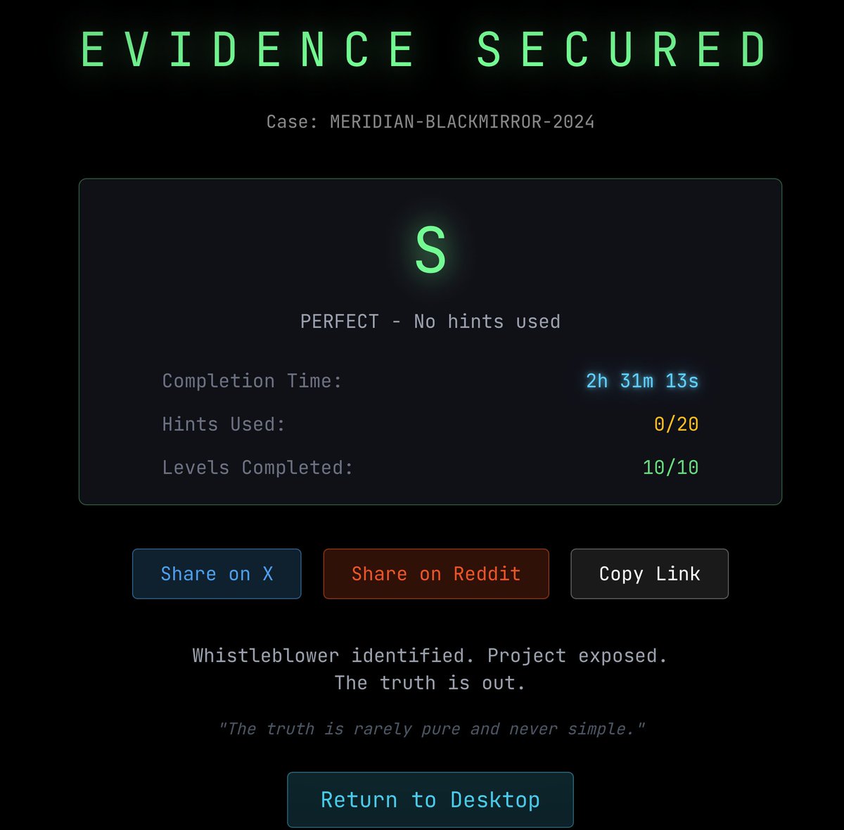 I cracked PROJECT BLACKMIRROR with S Rank!

⏱️ 2h 31m 13s
💡 0 hints
🎯 10/10 levels

Can you do better?

blackmirror-osint.netlify.app

#OSINT #CTF