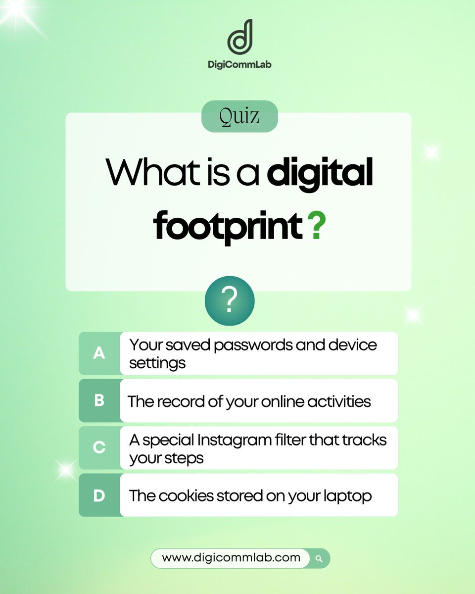 digicommlab's tweet image. Do you know what a digital footprint really is? 🤔

Drop the correct option in the comments.

Let’s see who’s really digitally savvy! 💡

#DigitalLiteracy #DigitalSkills #QuizTime #DigiCommLab