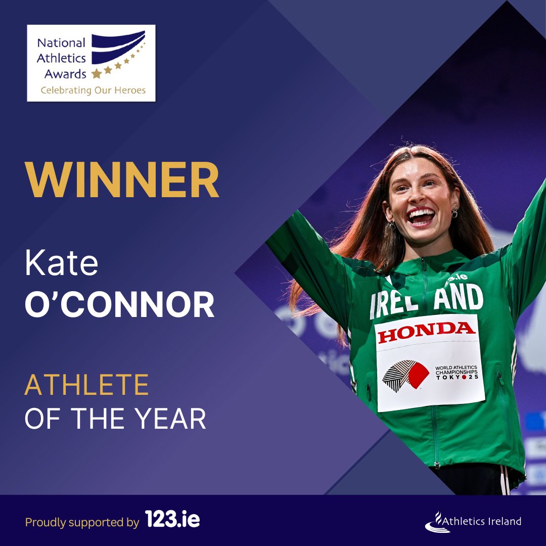 irishathletics's tweet image. 🏆 𝐀𝐭𝐡𝐥𝐞𝐭𝐞 𝐨𝐟 𝐭𝐡𝐞 𝐘𝐞𝐚𝐫

After the season of her dreams, the 2025 Athlete of the Year is awarded to Dundalk St Gerard’s World silver medalist Kate O’Connor🤩

🔥 Congratulations, Kate!

#123Awards #IrishAthletics