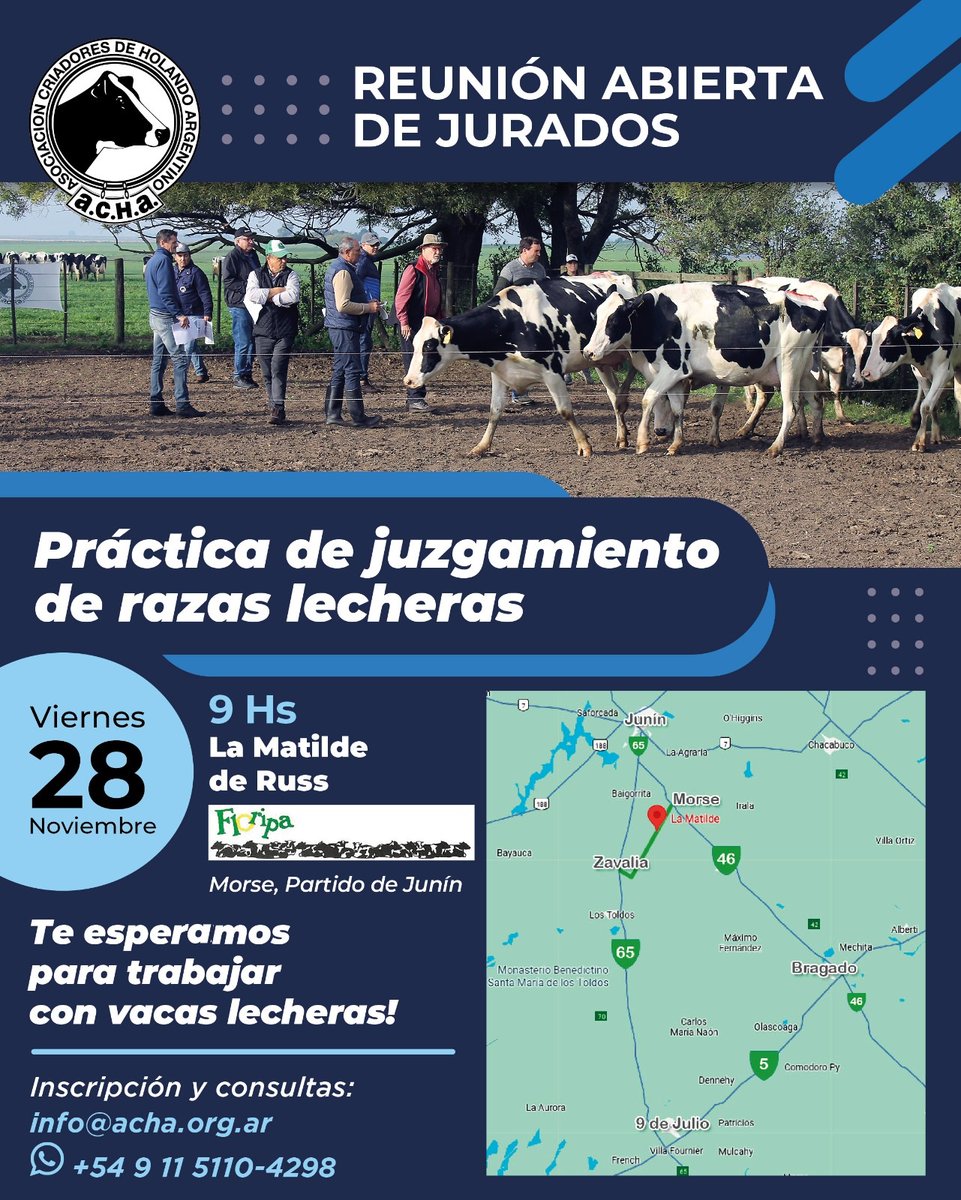 Recordamos a todos el viernes 28 hs a las 9 AM en La Matilde de Russ, Reunión Abierta de Juraos, una excelente oportunidad para trabajar en la clasificación de vacas lecheras.
Confirmar asistencia al 11.51104298 o info@acha.org.ar