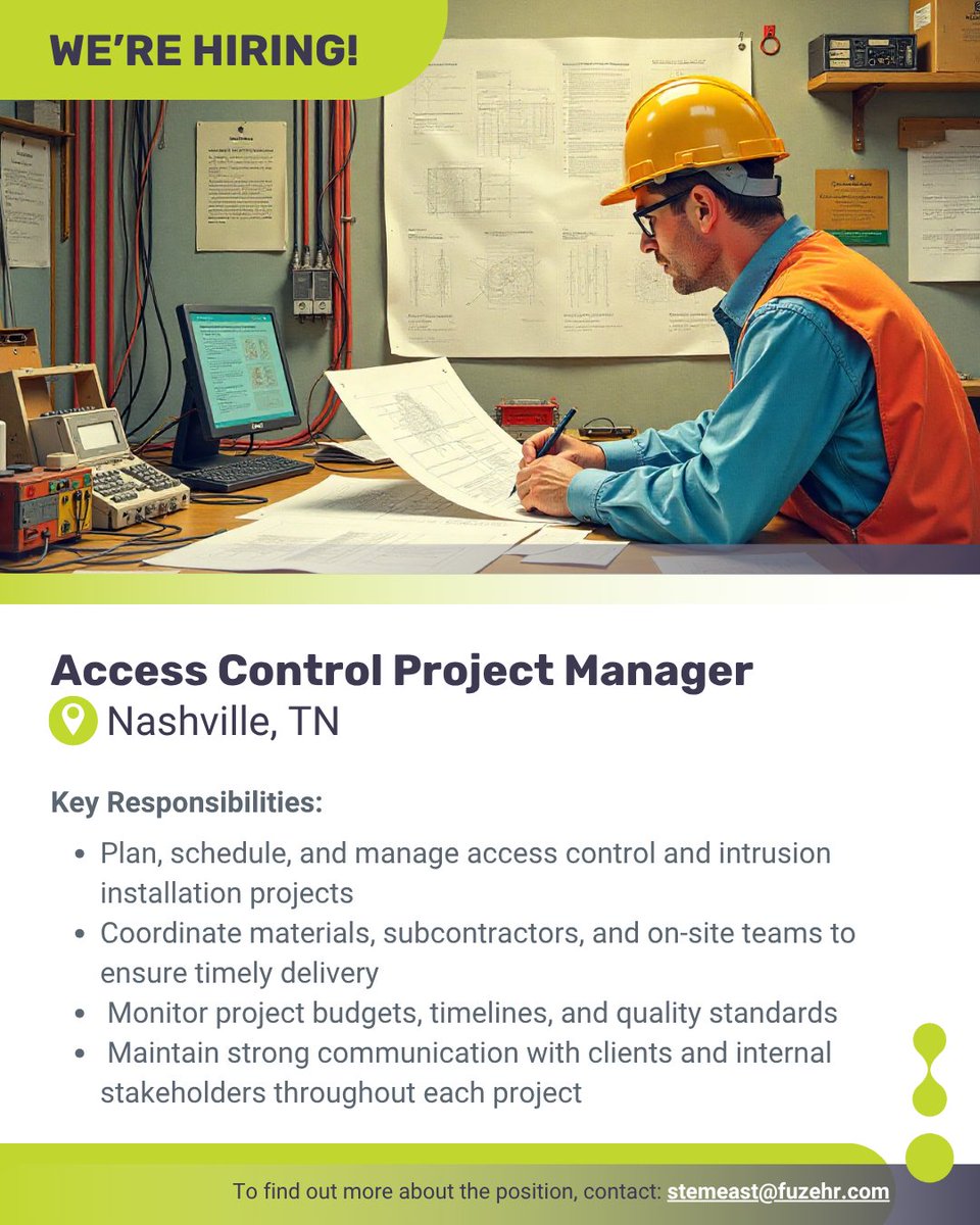 FuzehrUSA's tweet image. We’re Hiring! Access Control Project Manager in Nashville, TN

📩 Apply today: stemeast@fuzehr.com

#ProjectManager #AccessControl #IntrusionSystems #LowVoltage #SecurityJobs #NashvilleJobs #NowHiring #FuzeHRUSA #Tennessee