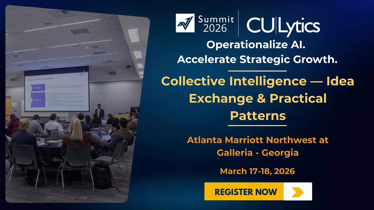 culytics's tweet image. Stop rebuilding the basics.
At the #2026CULyticsSummit, CU leaders share intake patterns, scorecards &amp;amp; guides already tested—so you start at 80%, not 0%. Early-bird ends Nov 30.
Theme: Operationalize AI. Accelerate Growth.
Mar 17–18, Atlanta.
🔗 zurl.co/lf7Ix