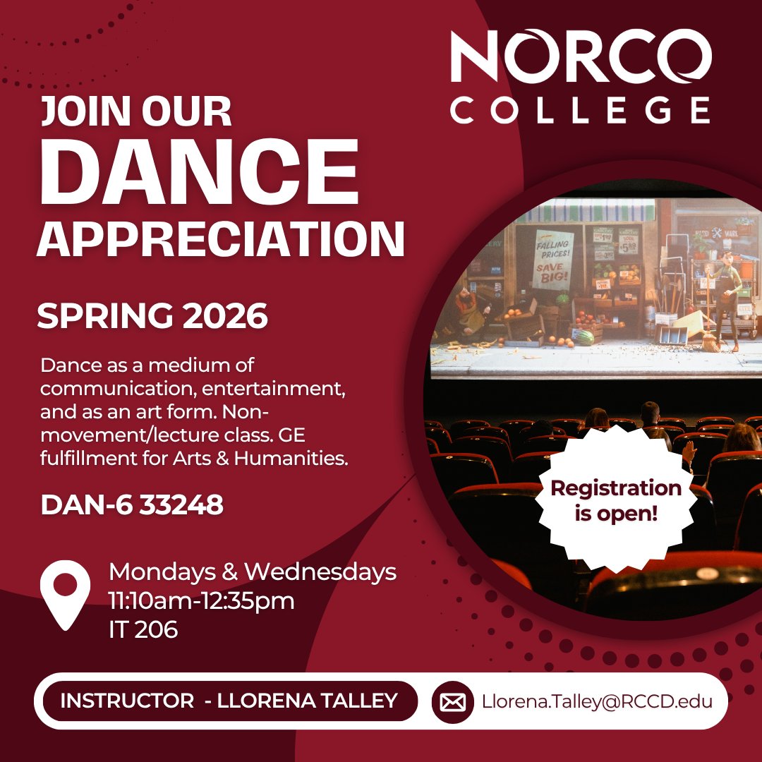 NorcoCollege's tweet image. 🌟Looking for a fun transferable GE course...register for Dance Appreciation! Discover dance as a medium of communication, entertainment, and art. This non-movement class/lecture will deepen your understanding and appreciation of dance. ✨ 3 units. #SpringSemester