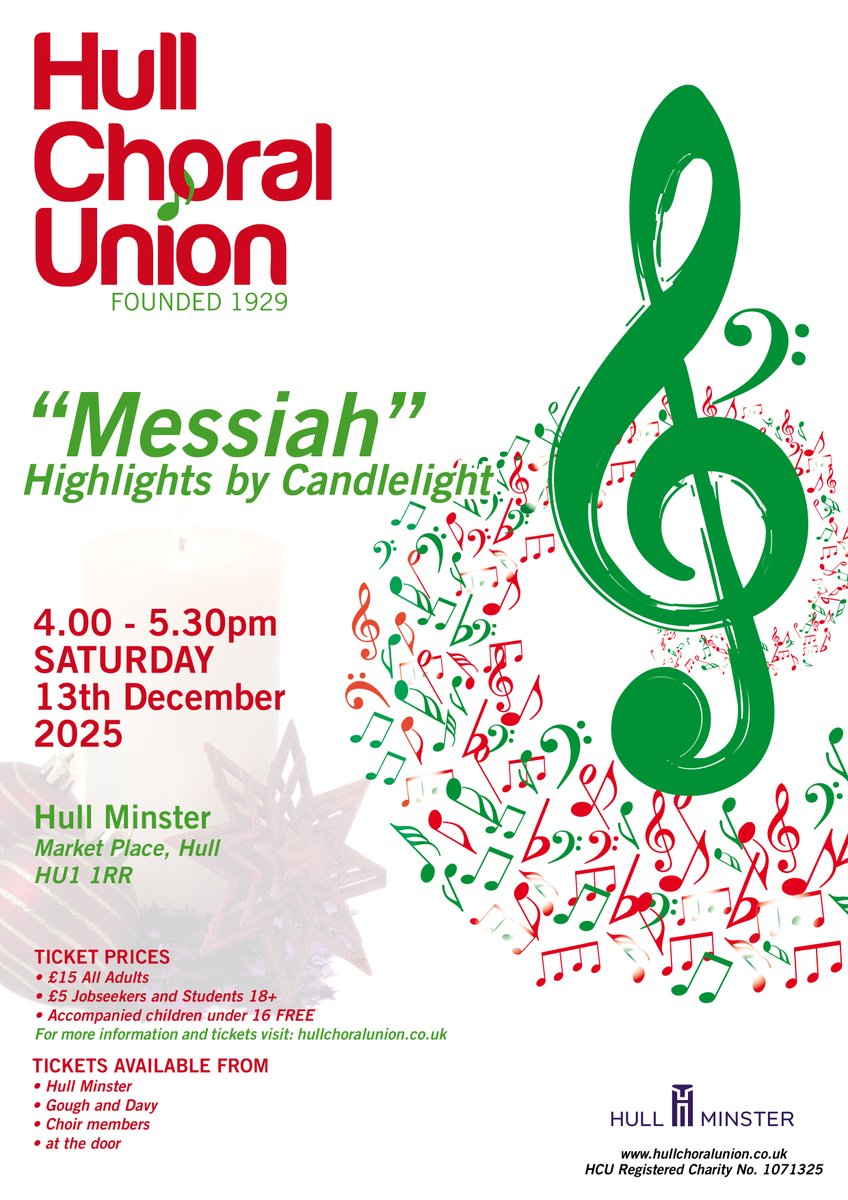 HullMinster's tweet image. Hull Choral Union - "Messiah" Highlights by Candlelight
Sat, 13-Dec-2025
4:00pm - 5:30pm
Tickets - hm.churchsuite.com/events/8ijeubrv
Hull Choral Orchestra and soloists. 
#HullChoralUnion #MessiahByCandlelight #HullEvents #ChoralMusic #ClassicalConcert #HullMinster #ChristmasConcert