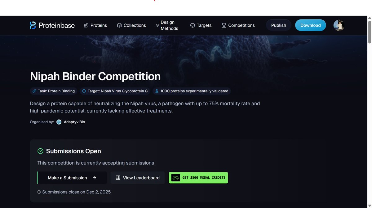 soetsu_shida's tweet image. Joining the effort to design binders for Nipah virus via
@adaptyvbio. First time attempting de novo binder design. First research for me in computational drug discovery.
proteinbase.com/competitions/a…