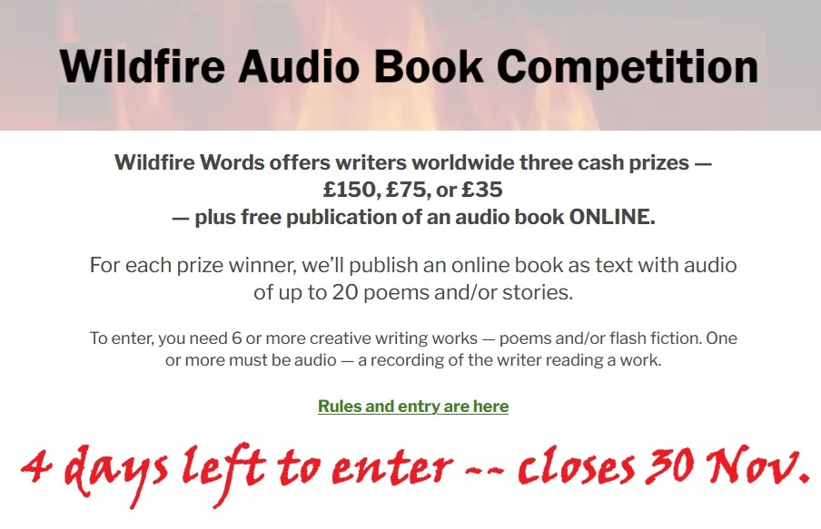 WordsWildfire's tweet image. Your own writing read and heard globally is the prize in Wildfire's Audio Book Competition for collections of poetry and/or flash fiction. 4 days left to enter 6+ works, at least one as audio. wildfire-words.com/wildfire-abc/