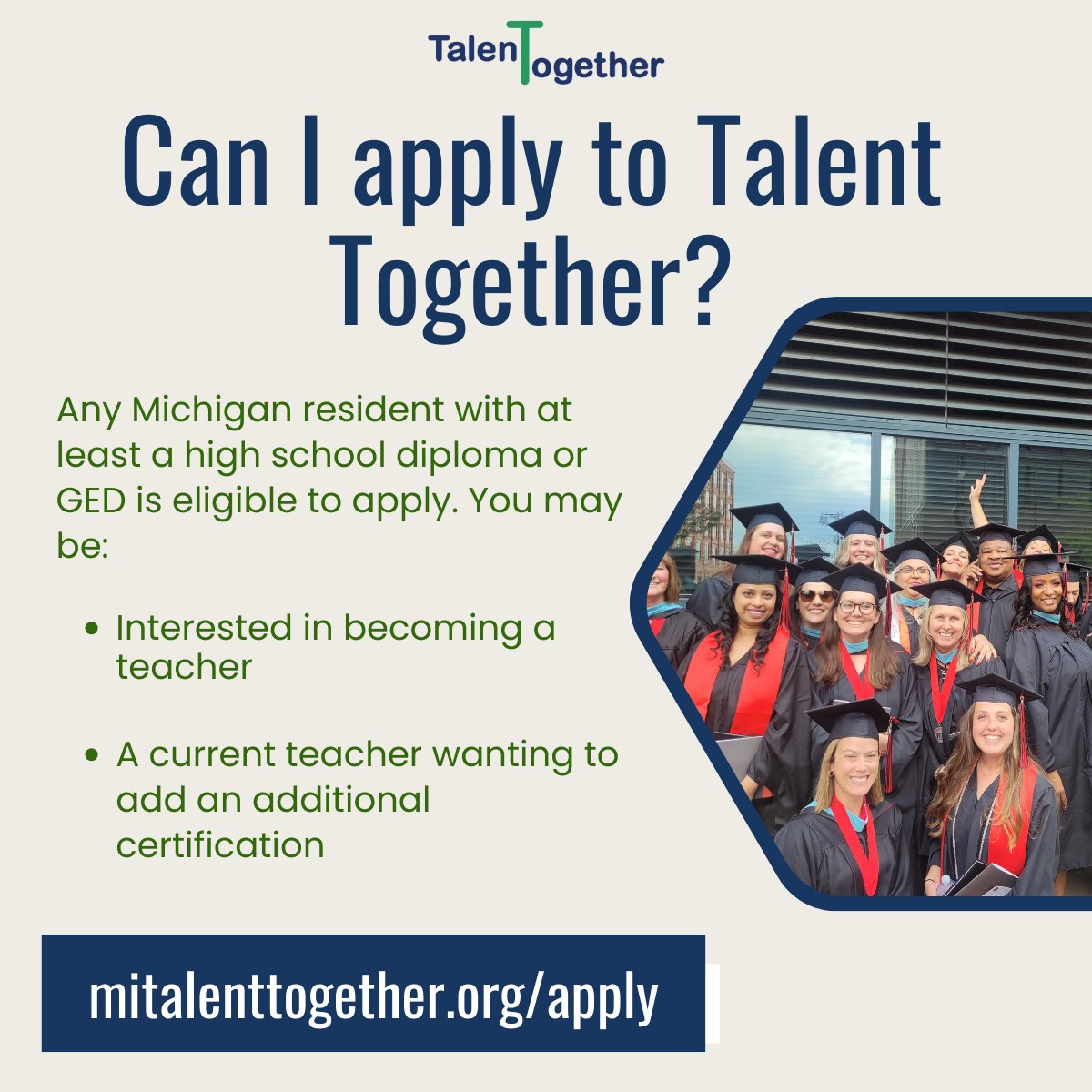 TalentTogether's tweet image. If you’re a Michigan resident dreaming of becoming a teacher—or you&apos;re already in the classroom and want to add a certification—Talent Together can help you get there. Start your application today: mitalenttogether.org/apply
#talenttogether #educators