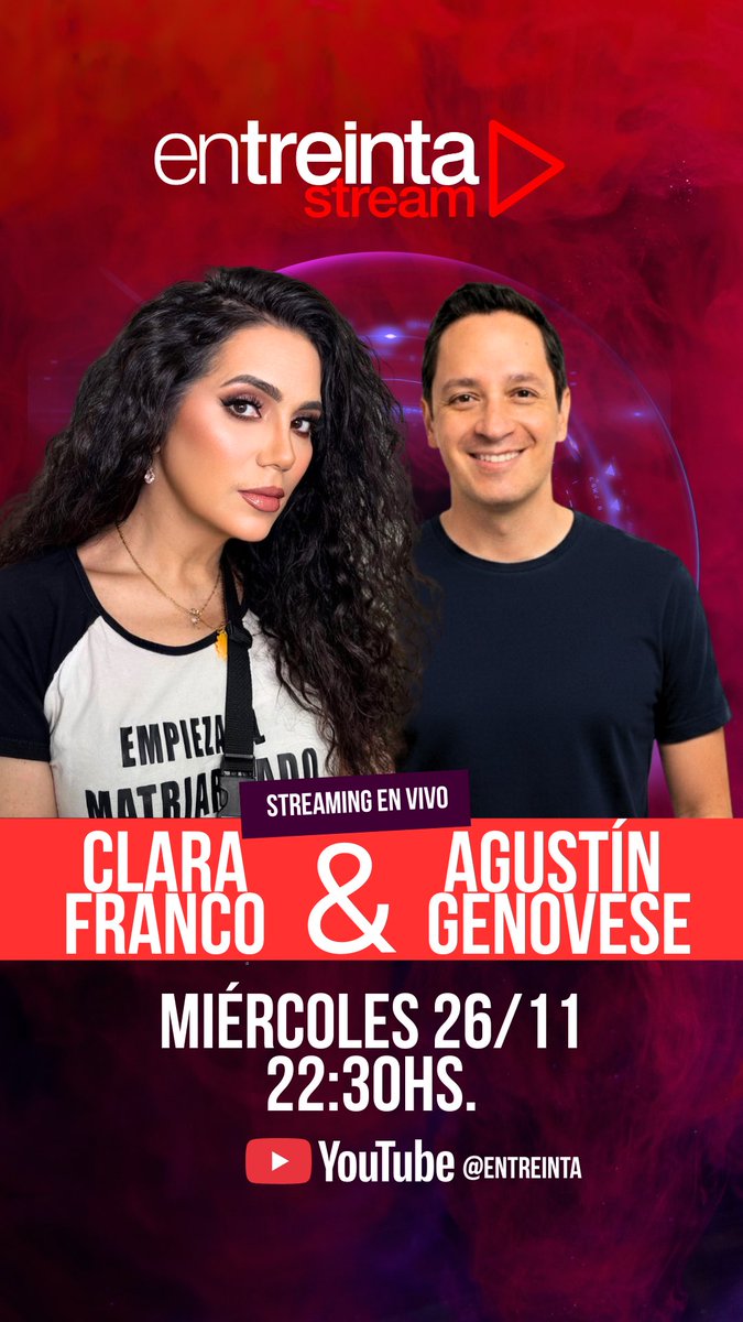🚨 HOY EN VIVO
Clara Franco llega a Entreinta Stream para una noche de humor, historias y TODA la actualidad 😅🔥
¡Reaccionamos con Clara a los videos y polémicas del momento!
🕥 22:30 hs
📍 YouTube @Entreinta
<a href="/agustingenovese/">Agustin Genovese</a> 
¡No te lo pierdas!