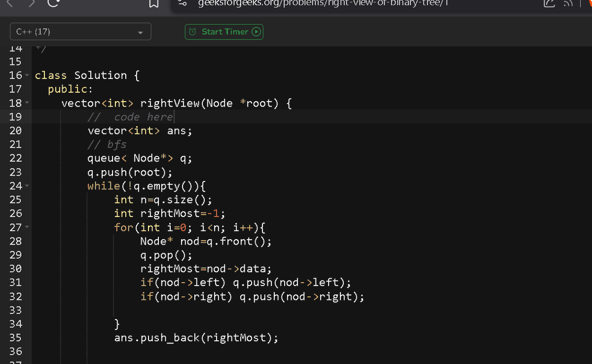 diwa810's tweet image. Day 95 of #100DaysOfCode: Today solved Right View of Binary Tree on #GFG   Used level-order BFS, tracked the last node of each level, and collected them in a vector.   #coding #CodingJourney #Tree #BFS #LeetCode