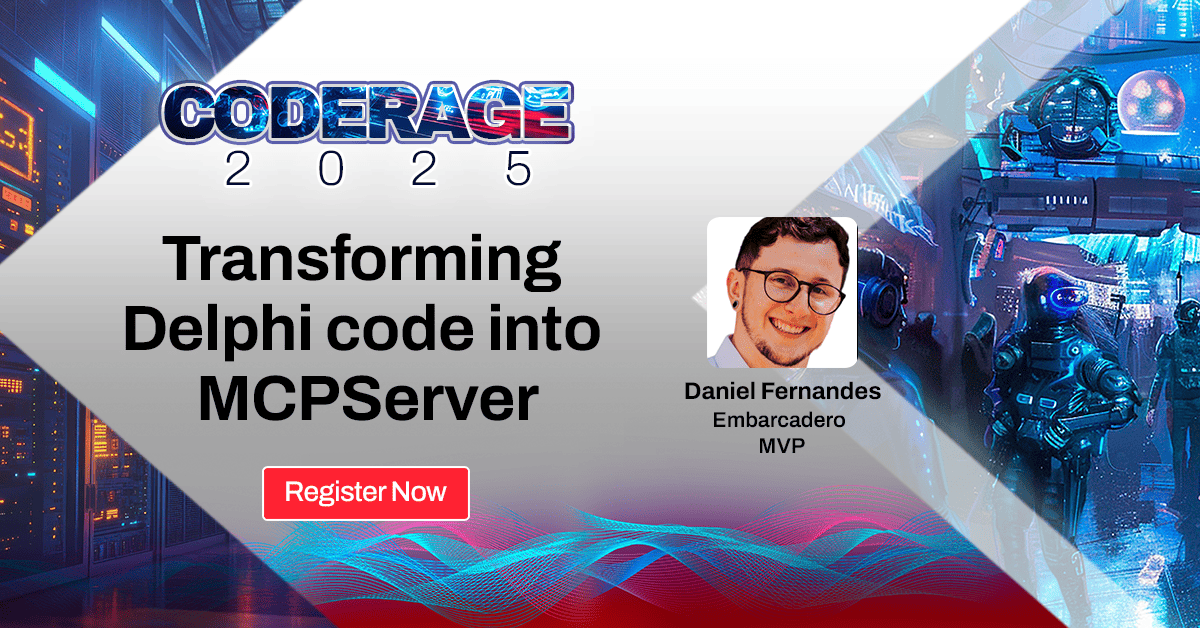 EmbarcaderoTech's tweet image. Run your Delphi code via AI! 🤖
Join Daniel Fernandes at #CodeRage2025 to convert your code into MCP Server, execute routines, access reports, and control screens — all through chat &amp;amp; command prompt.

Register now: tinyurl.com/CodeRage-2025-…  

#Developers #Coding #AI #Delphi