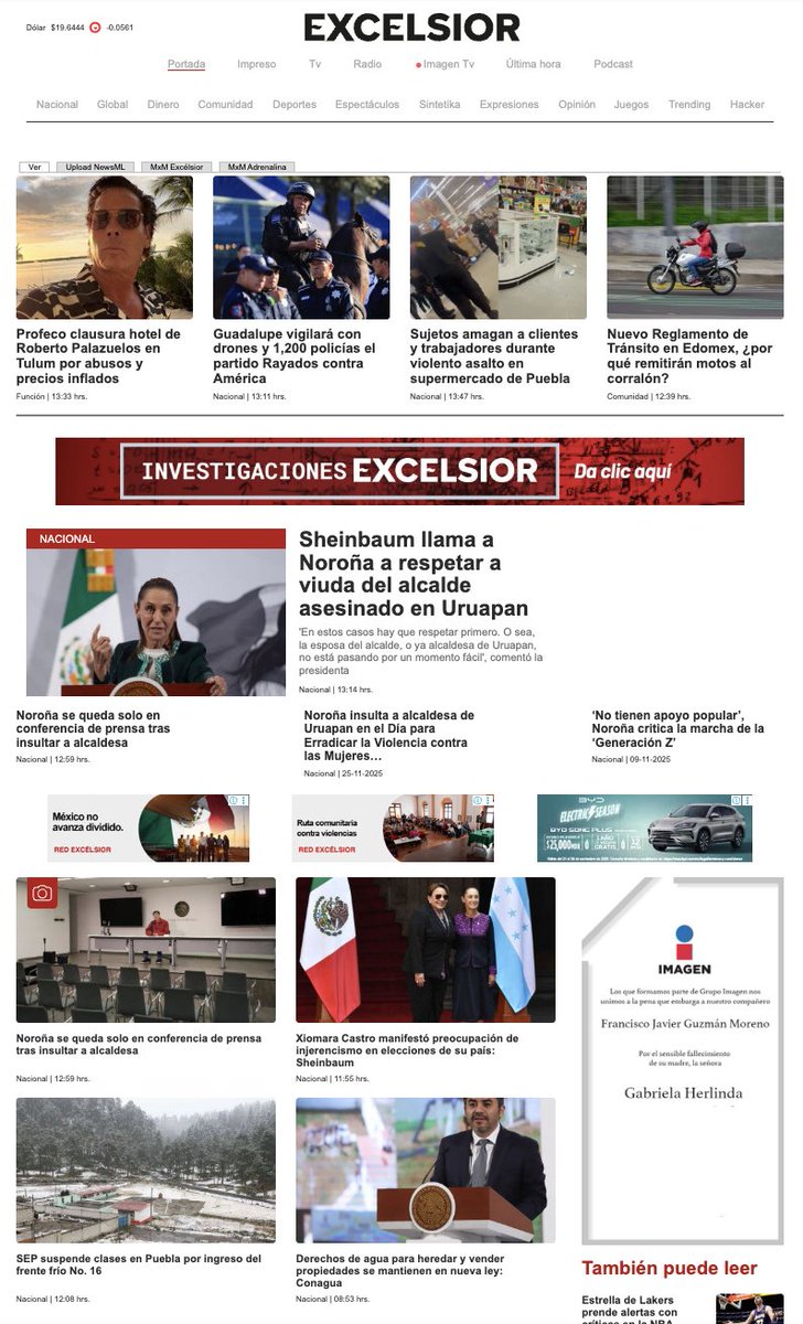Excelsior's tweet image. 🗞 La información que necesitas está en #Excélsior digital

-Inician desfogue de presa La Boca y piden extremar precauciones por fuertes lluvias
-El plan de paz de EU para Ucrania se basó en un documento ruso: Reuters
-Operación Frontera Norte asegura precursores en Sinaloa con…