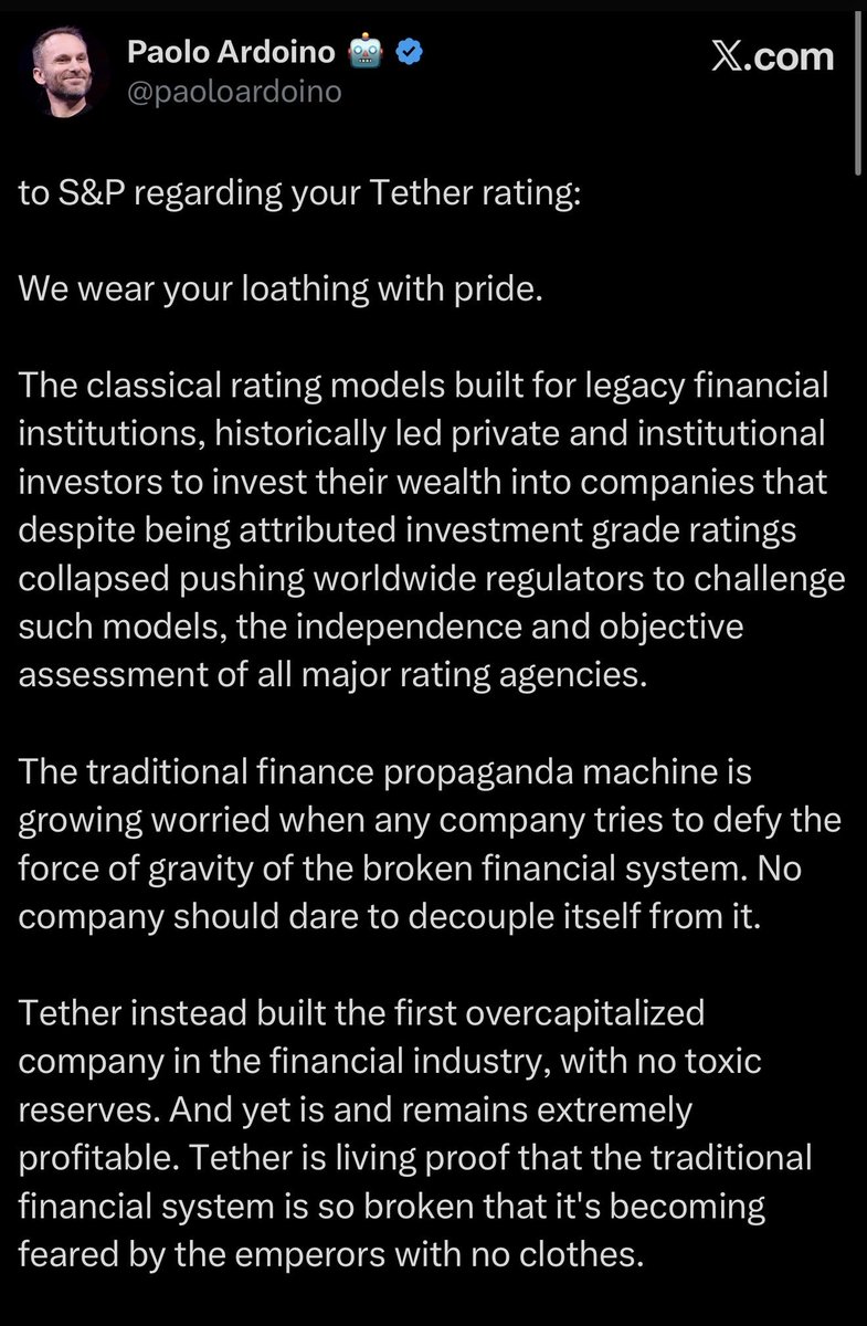 Paolo Ardoino's tweet responding to S&P downgrade