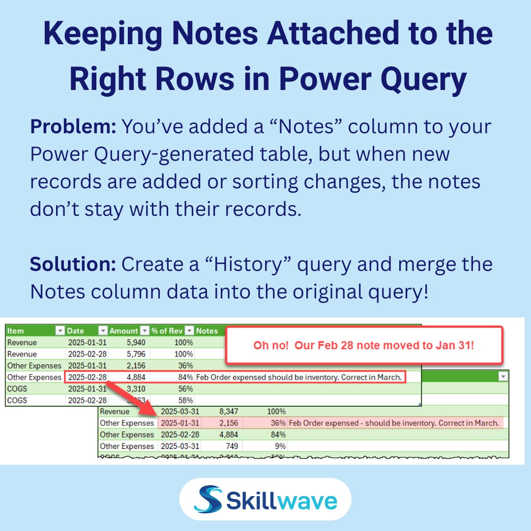 skillwave_'s tweet image. “When we refresh our query, the data gets resorted… but our manually-entered notes don’t follow the correct rows. Is this a bug or a feature?”🐜
@kpuls helped a student in an AKA call build a solution that preserves notes exactly where they belong.

#PowerQuery #Excel #DataModel