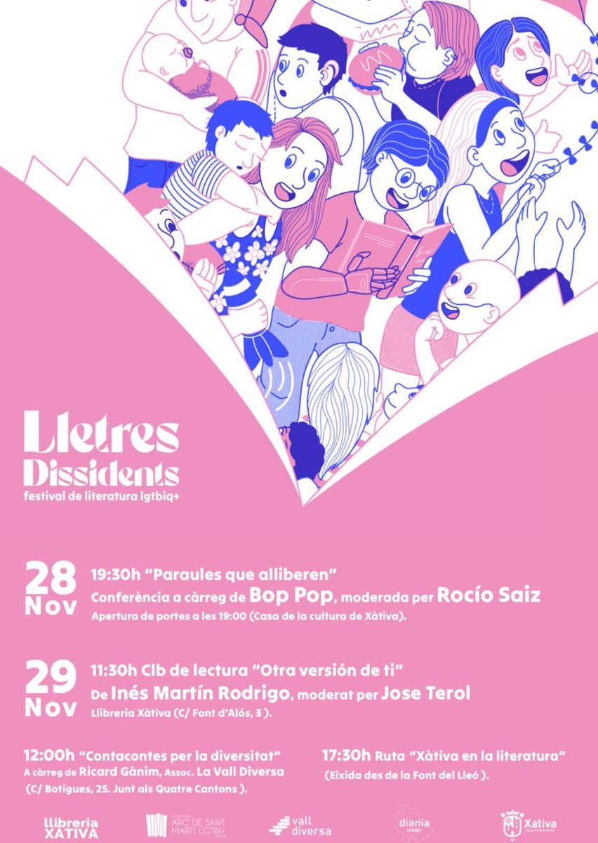 📚🏳️‍🌈#Xàtiva acull el 28 i 29 de novembre el 1r Festival Literari LGTBIQ+ “Lletres Dissidents”

🔝Una conferència amb Bob Pop i Rocío Saiz, un club de lectura d’Inés Martín Rodrigo amb José Terol, un contacontes per la diversitat i una ruta literària diversa centren les activitats
