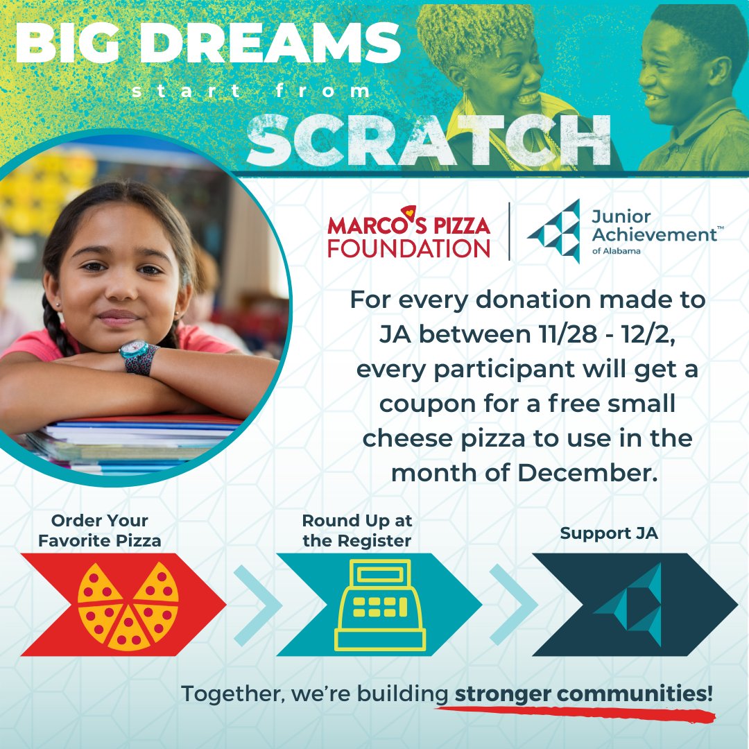 JAofAlabama's tweet image. We’ve partnered with #MarcosPizzaFoundation to support education, #WorkforceDevelopment, and #Entrepreneurship! You can make a difference by rounding up your order at your local Marco’s Pizza. Let’s build brighter futures together! 
 #RoundUpForChange #BigDreamsStartFromScratch
