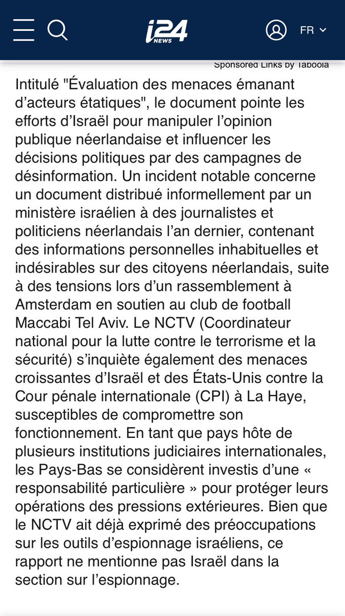 Les Pays-Bas désignent 🇮🇱 comme menace à leur sécurité nationale à cause de l’entrisme 🇮🇱 dans la vie politique et leurs campagnes de fake news à destination de l’opinion publique, même I24 News en a parlé mais pas nos médias trop occupés à relayer la propagande 🇮🇱 !!!