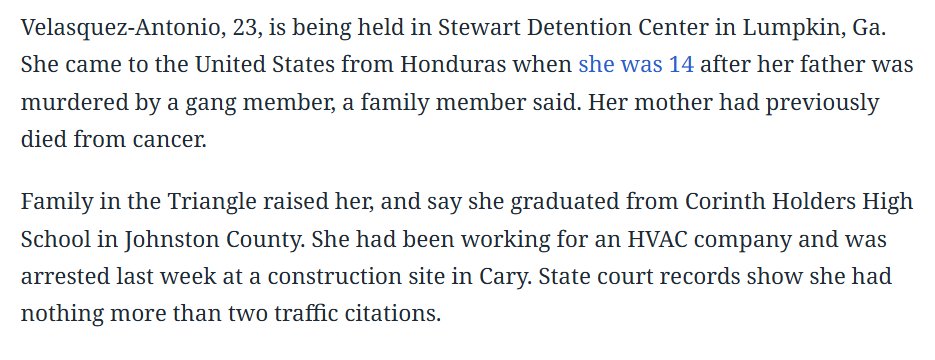 GregTSargent's tweet image. Awful. Trump admin is deporting a 23-year-old NC woman who came here at the age of 14 as an unaccompanied minor. Her father was murdered and mother died of cancer. All she has are two traffic citations, per this good report from @dankanenando:

charlotteobserver.com/news/politics-…