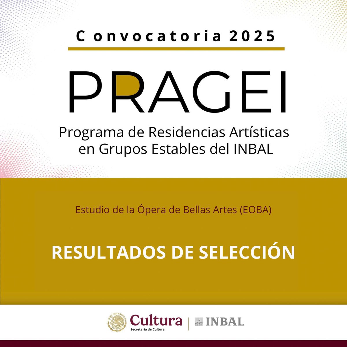📢 𝗥𝗲𝘀𝘂𝗹𝘁𝗮𝗱𝗼𝘀 𝗼𝗳𝗶𝗰𝗶𝗮𝗹𝗲𝘀 𝗱𝗲 𝗹𝗮 𝗻𝘂𝗲𝘃𝗮 𝗴𝗲𝗻𝗲𝗿𝗮𝗰𝗶ó𝗻 𝗱𝗲𝗹 𝗘𝘀𝘁𝘂𝗱𝗶𝗼 𝗱𝗲 𝗹𝗮 Ó𝗽𝗲𝗿𝗮 𝗱𝗲 𝗕𝗲𝗹𝗹𝗮𝘀 𝗔𝗿𝘁𝗲𝘀 (𝗘𝗢𝗕𝗔)

Ya se encuentran disponibles los nombres 👇🏼

inba.gob.mx/pragei/assets/…