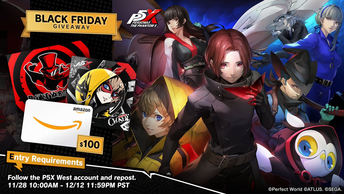 P5XOfficialWest's tweet image. Black Friday has arrived, so let&apos;s celebrate with a special Giveaway Campaign! 🖤🎁✨

To enter simply...
1. Follow @P5XOfficialWest
2. Repost this post

...to enter! Winners will receive special prizes such as $100 Amazon Gift Cards and P5X Goodies! 🎁

#P5XEN #P5XWest…