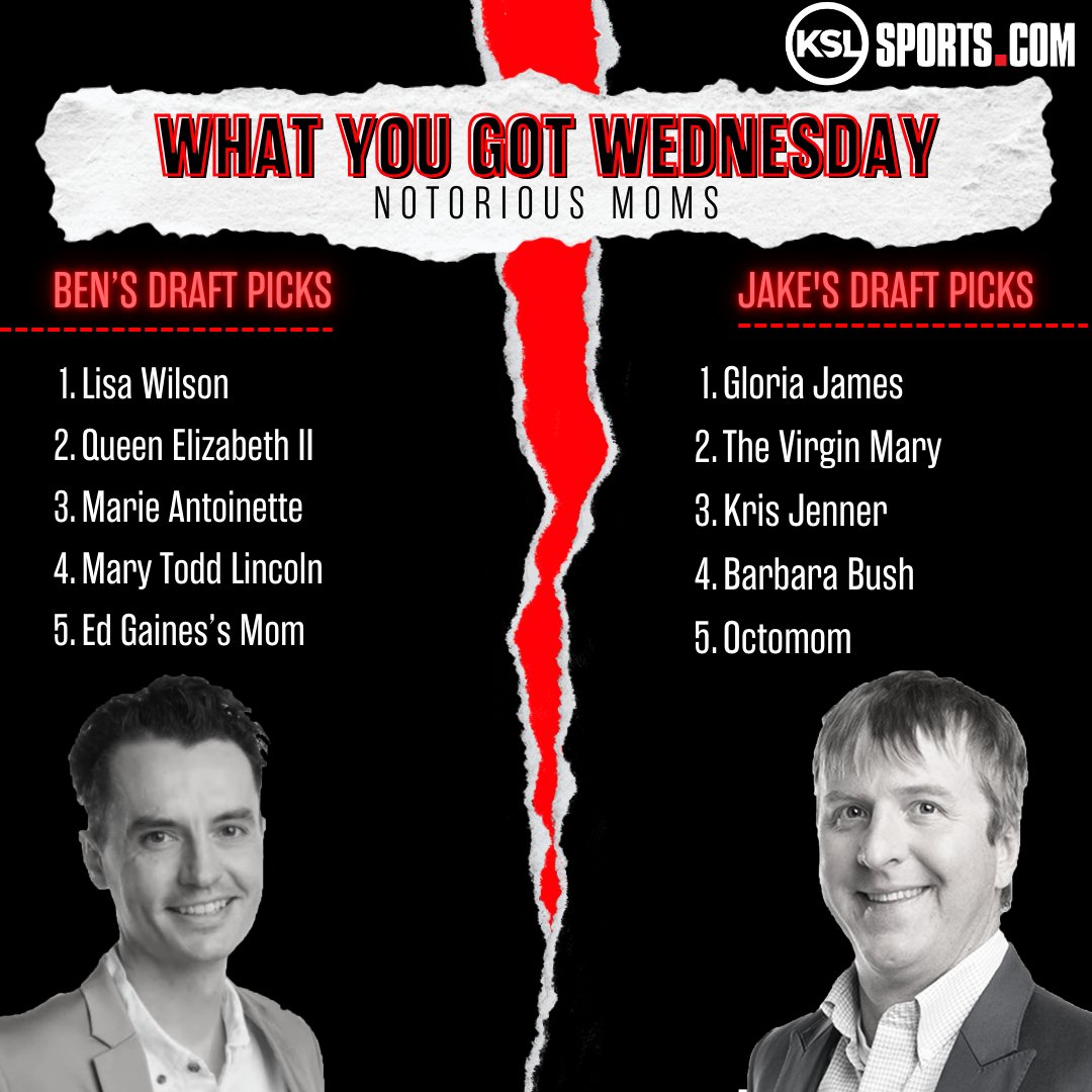 JakeAndBenKSL's tweet image. It's What You Got Wednesday with @JakeScottZone &amp;amp; @BensHoops Today they draft their Top 5:                  
- Teams you don't think will ever get off the mat
- Notorious Moms

Drop a vote below for who you think has the best picks! And let us know who we missed ⬇️