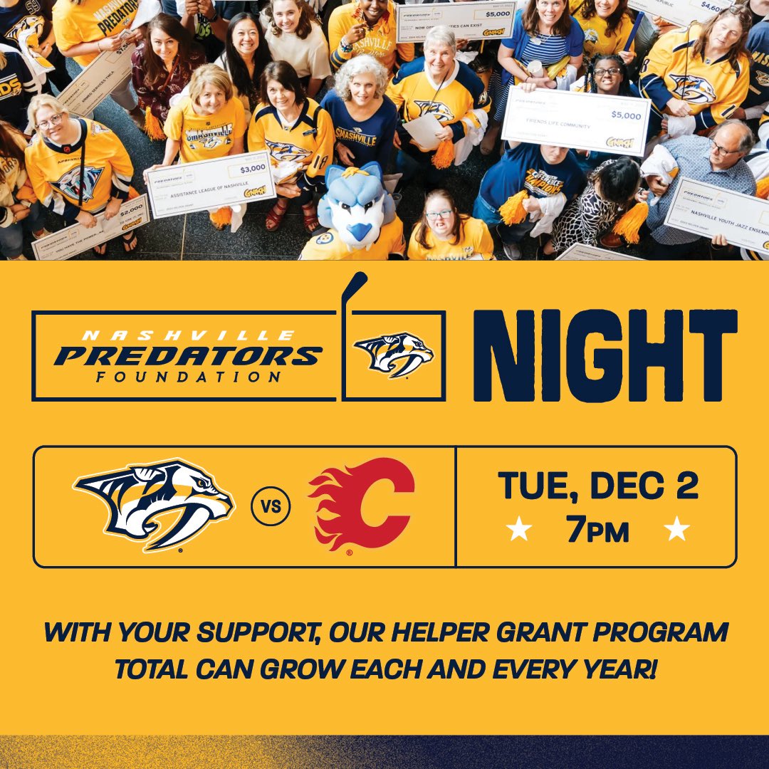 PredsFoundation's tweet image. Join us this Giving Tuesday for the first ever Preds Foundation Night the game versus the Flames! At the game, learn more about who we impact and our initiatives throughout the year!

You can also help us continue our mission by making a donation: gofund.me/891cb0699