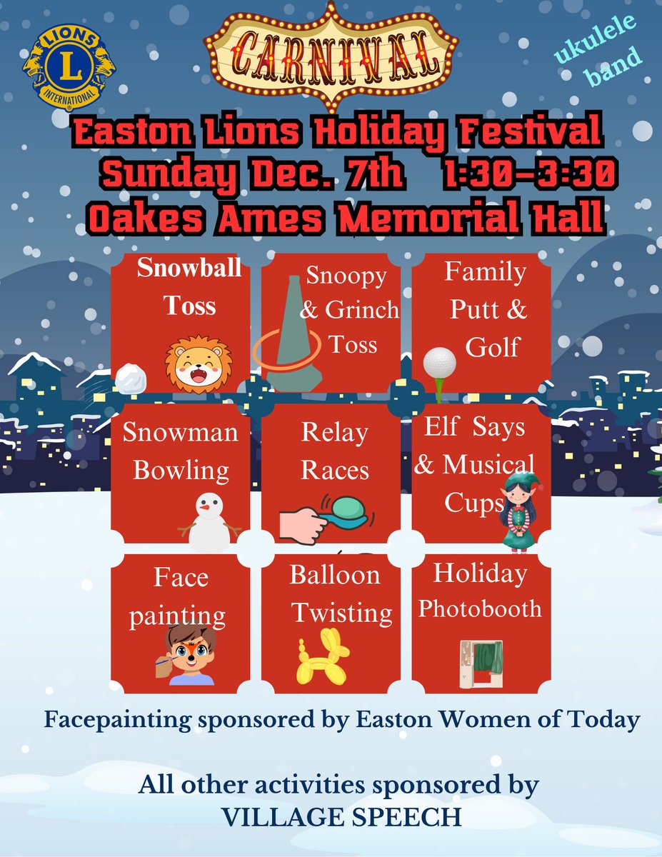 The Easton Lions Holiday Festival is Dec 6th and 7th. The Big Parade is on the 7th. Directly after the Parade please join us for our First Annual Holiday Carnival - inside Oakes Ames Memorial Hall  from 1:30 - 3:30. It’s. Going. To. Be. Great!  #EastonLionsClub #holidayfestival