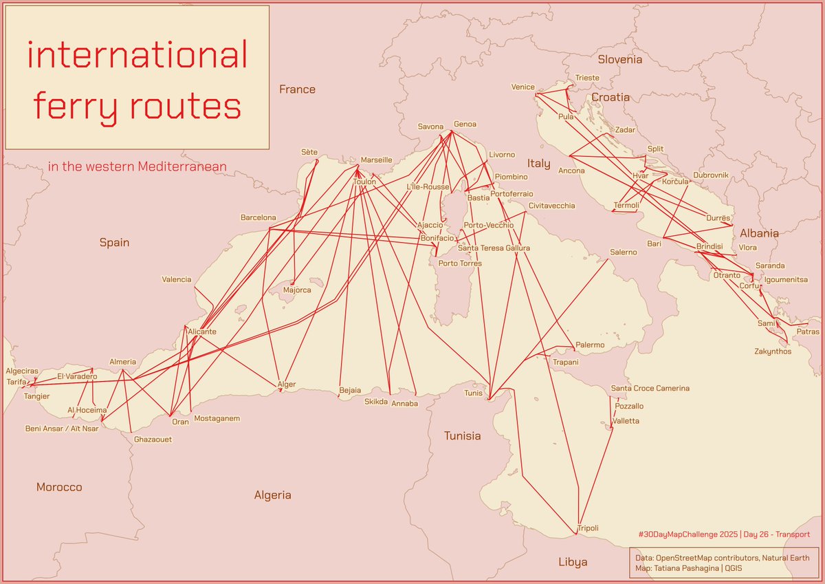 viola__alba's tweet image. #30DayMapChallenge Day 26 – Transport.
A map showing ferry routes in the western Mediterranean Sea⛴️⤴️⤵️🔁
#map #gis #qgis #dataviz