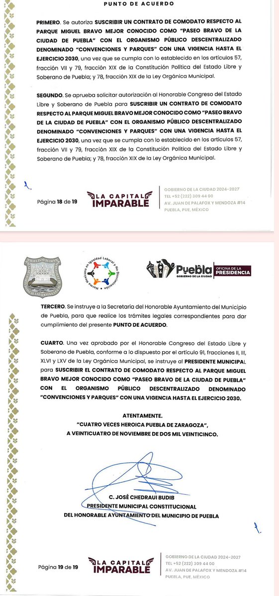 El comodato del Paseo Bravo que dará el <a href="/PueblaAyto/">Puebla Gobierno de la Ciudad</a> al gobierno estatal <a href="/Gob_Puebla/">Gobierno de Puebla</a> será hasta 2030.

Está votando en este momento por el Cabildo de <a href="/pepechedrauimx/">Pepe Chedraui 🇲🇽</a>.