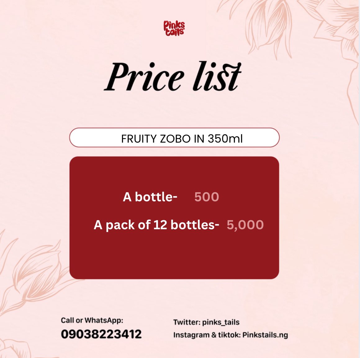 Pinkstails_ng's tweet photo. Hi guyss, our PRICE LIST for people that won’t be able to make it down to our Last POP up this Friday and Saturday is now up! 

You can send a dm to preorder now so you can be on priority list and not miss the chance to stock up your fave drinks for the last time😆

Pls rt!🥹🙏🏿 https://t.co/bPWVh81OBJ