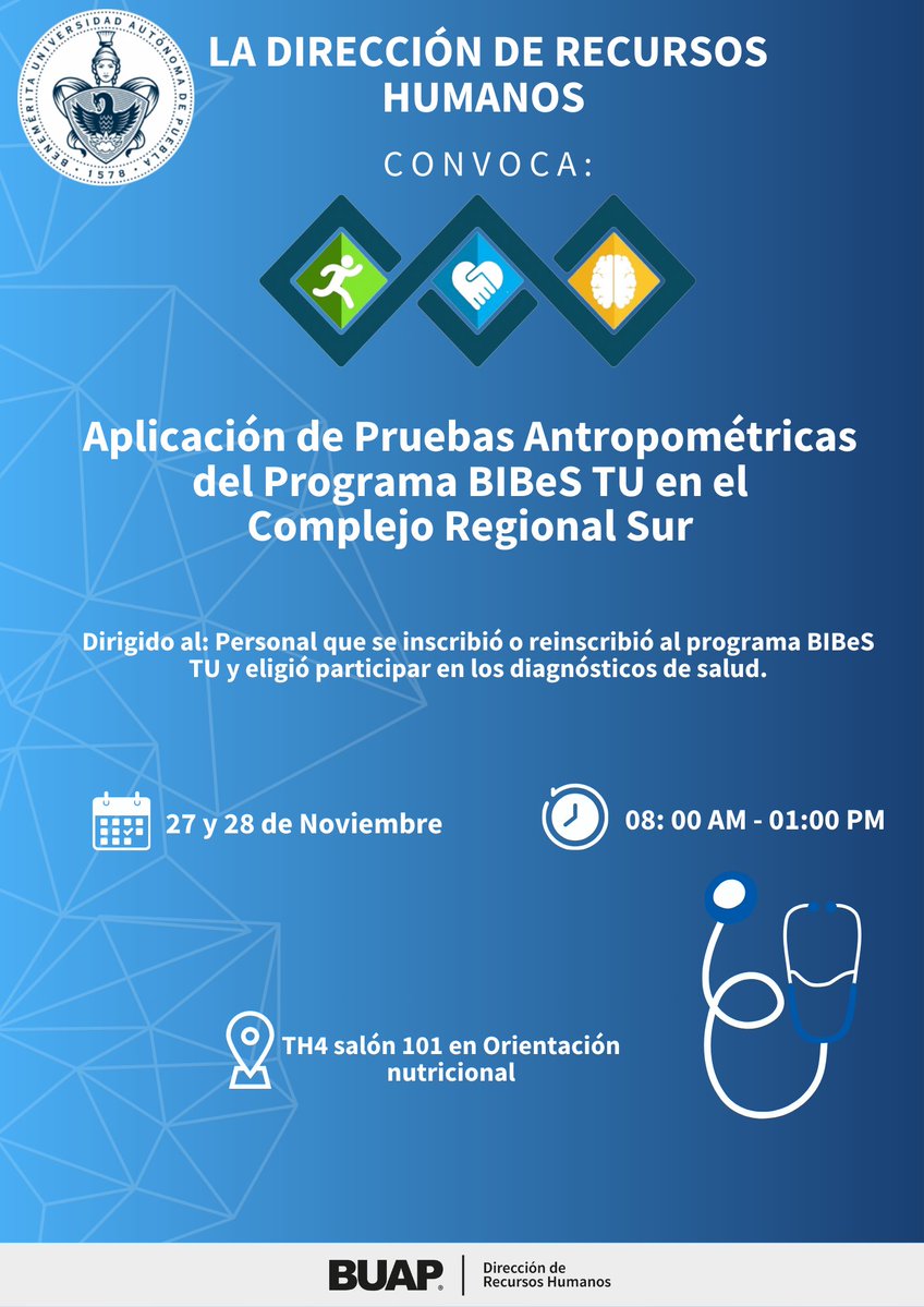DRHBUAP's tweet image. 📢 ¡Atención, personal del Complejo Regional Sur!
🌟 Las Pruebas Antropométricas de BIBeS TU llegan a Tehuacán 🌟
📅27 y 28 de noviembre
⏰08:00 a 13:00 horas
📍TH4, salón 101 – Orientación Nutricional
Acude a tu evaluación y conoce más sobre tu estado físico y bienestar.
💪✨