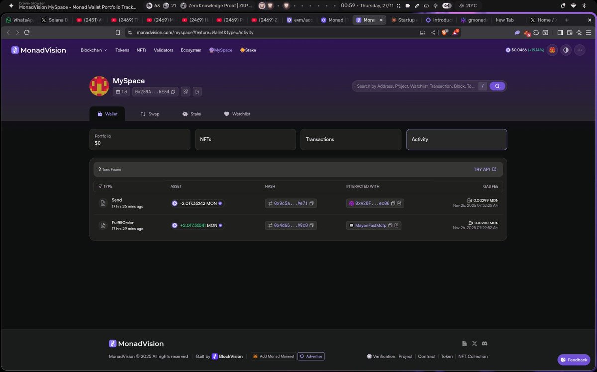 0xmohit_'s tweet photo. POV you bridge to Monad &amp; demand is so high my wallet got cooked specifically 📉

Held my 1st $100 $MON for exactly 2 mins 33 seconds before a sweeper bot snatched it

Tech is real, @MayanFinance worked perfect. involuntary donation to the community 🫡

@monad_xyz #Monad https://t.co/86Ggi06tHm