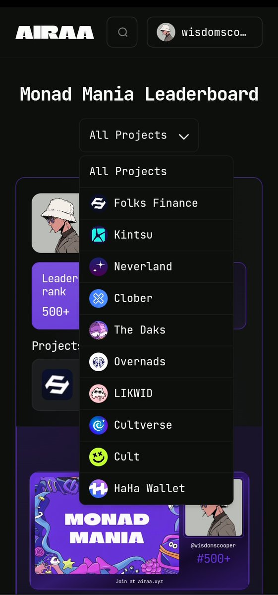 Wisdomscooper's tweet image. Gn CT 
I’ll be diving into the 9+ projects under @AiraaAgent Monad Mania  campaign’s soon looking like pure alpha across the board 👀  

Already locked in on the OG @FolksFinance because let’s be honest, Folks is that one protocol that delivers both innovation and real utility…