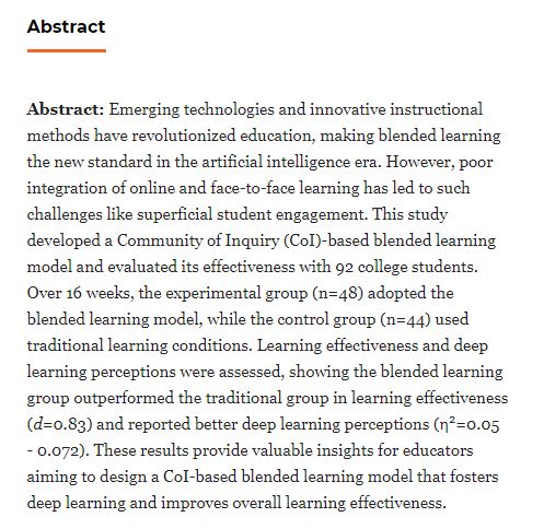 ediazsan's tweet image. Exploring the Learning Effectiveness and College Students’ Deep Learning Perceptions in a Blended Learning Environment: from the Community of Inquiry Perspective | The International Review of Research in Open and Distributed Learning buff.ly/9Crxqvn