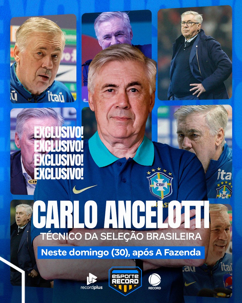 MISTER ANCELOTTI NA RECORD! ⚽📺

O técnico da Seleção Brasileira, Carlo Ancelotti, é o convidado especial do #EsporteRecord deste domingo (30)!

Acompanhe as análises e os planos do Mister para a Copa do Mundo de 2026, logo após #AFazenda. Está imperdível!
