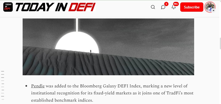 PENDLE's official inclusion in the Bloomberg Galaxy DeFi Index is a significant accomplishment that puts it in line with some of the most well-known benchmarks in conventional finance. Thank you for the highlight, <a href="/todayindefi/">Today in DeFi</a> 

The <a href="/Rightsideonly/">RightSide</a> inspired me.