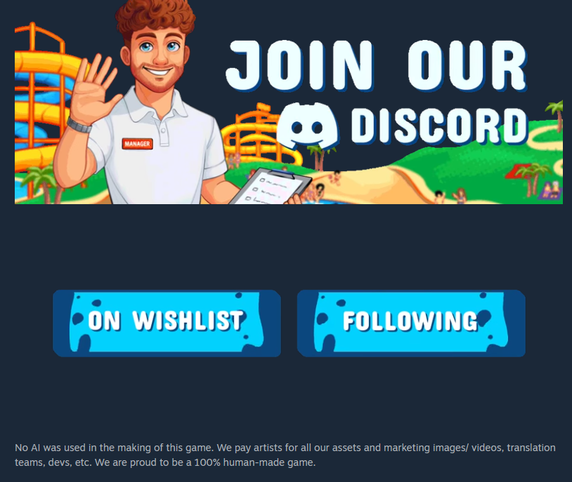 AlexStarrman's tweet photo. @WaterParkSim devs have been using AI art for their marketing and are not just neglecting to declare so on their Steam page, they’re flat out lying about it. 
They declare on their page that no AI was used in the development of their game. Directly under the image in question. https://t.co/pI7JZfxdZV