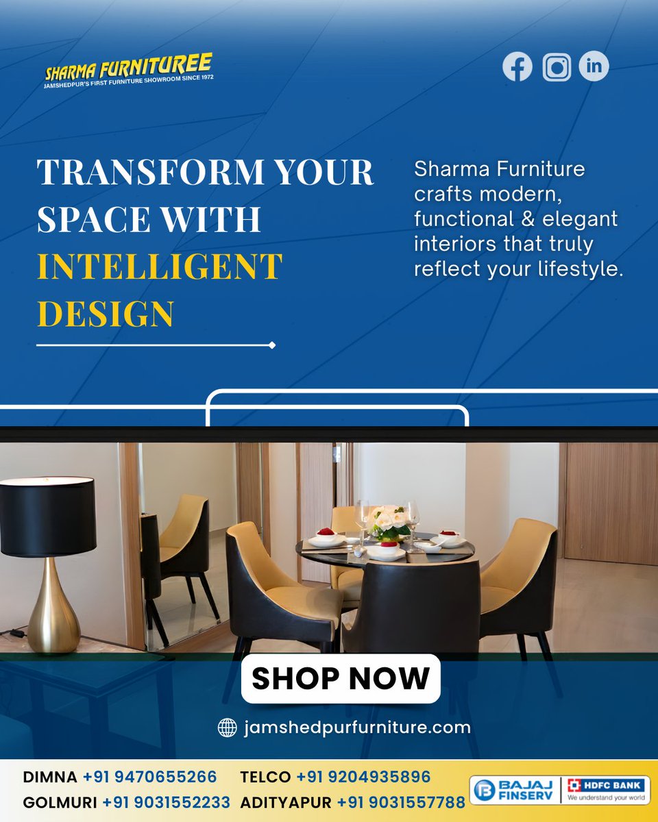 Sharma19751's tweet image. Intelligent Design, Smarter Living  

💳 Easy EMI available with Bajaj Finserv &amp;amp; HDFC Bank 🚚 Free Delivery — खुशियों के साथ। . . 📍Dimna | Golmuri | Adityapur | Telco . 

#SharmaFurniture #IntelligentDesign #ModernInteriors #SmartLiving #HomeTransformation #FunctionalDesign