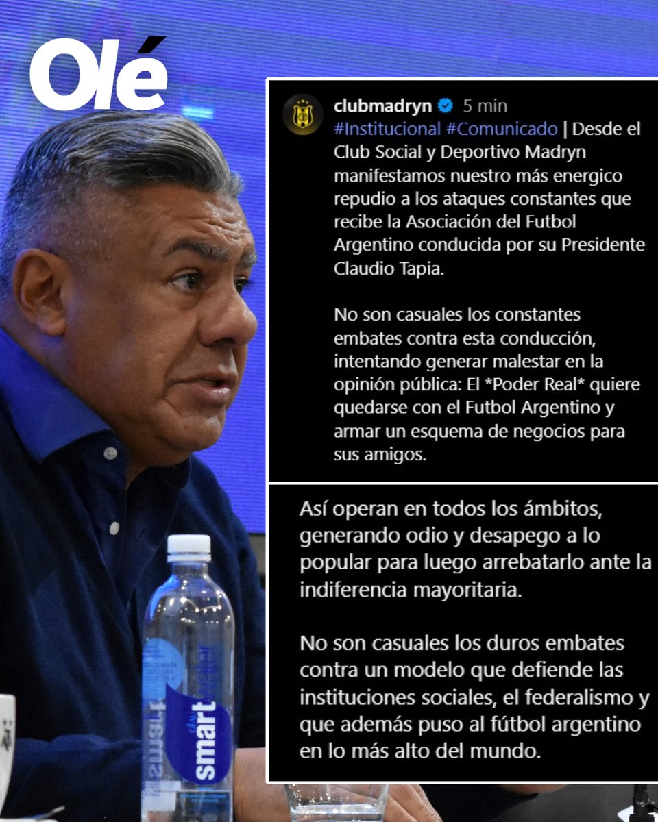 DiarioOle's tweet photo. A tres días de jugarse el ascenso, el mensaje de Deportivo Madryn defendiendo a la AFA 

"Desde el Club Social y Deportivo Madryn manifestamos nuestro más energico repudio a los ataques constantes que recibe la Asociación del Futbol Argentino conducida por su Presidente Claudio Tapia.

No son casuales los constantes embates contra esta conducción, intentando generar malestar en la opinión pública: El *Poder Real* quiere quedarse con el Futbol Argentino y armar un esquema de negocios para sus amigos.

Así operan en todos los ámbitos, generando odio y desapego a lo popular para luego arrebatarlo ante la indiferencia mayoritaria.

No son casuales los duros embates contra un modelo que defiende las instituciones sociales, el federalismo y que además puso al fútbol argentino en lo más alto del mundo"
