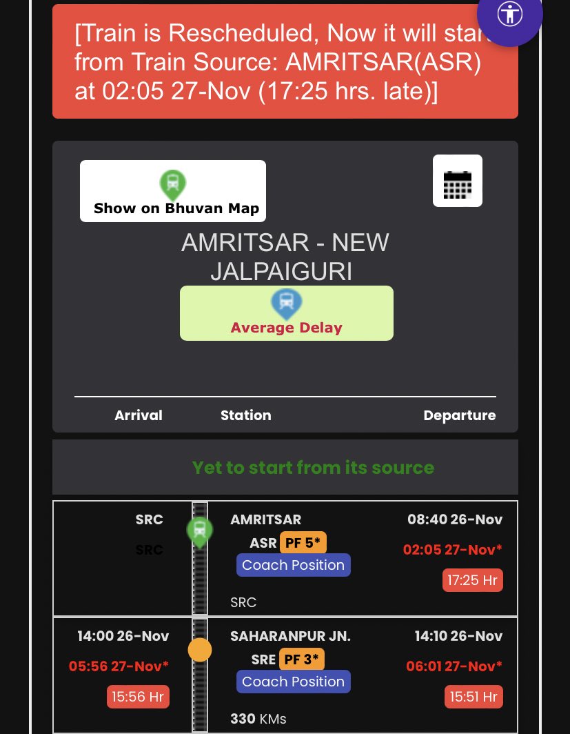 rfazal07's tweet photo. Sir ,bring to your attention a severe delay issue, which was scheduled to depart from ASR at 2 pm on the 26th Nov. &amp;then the train has been dlyd by 15-17 hours, We rqst that you take  action to reslv dis mtr. We have high exptn from you. 🙏🏻
@RailMinIndia @RailwaySeva @NWRailways https://t.co/E4moqjiLg9